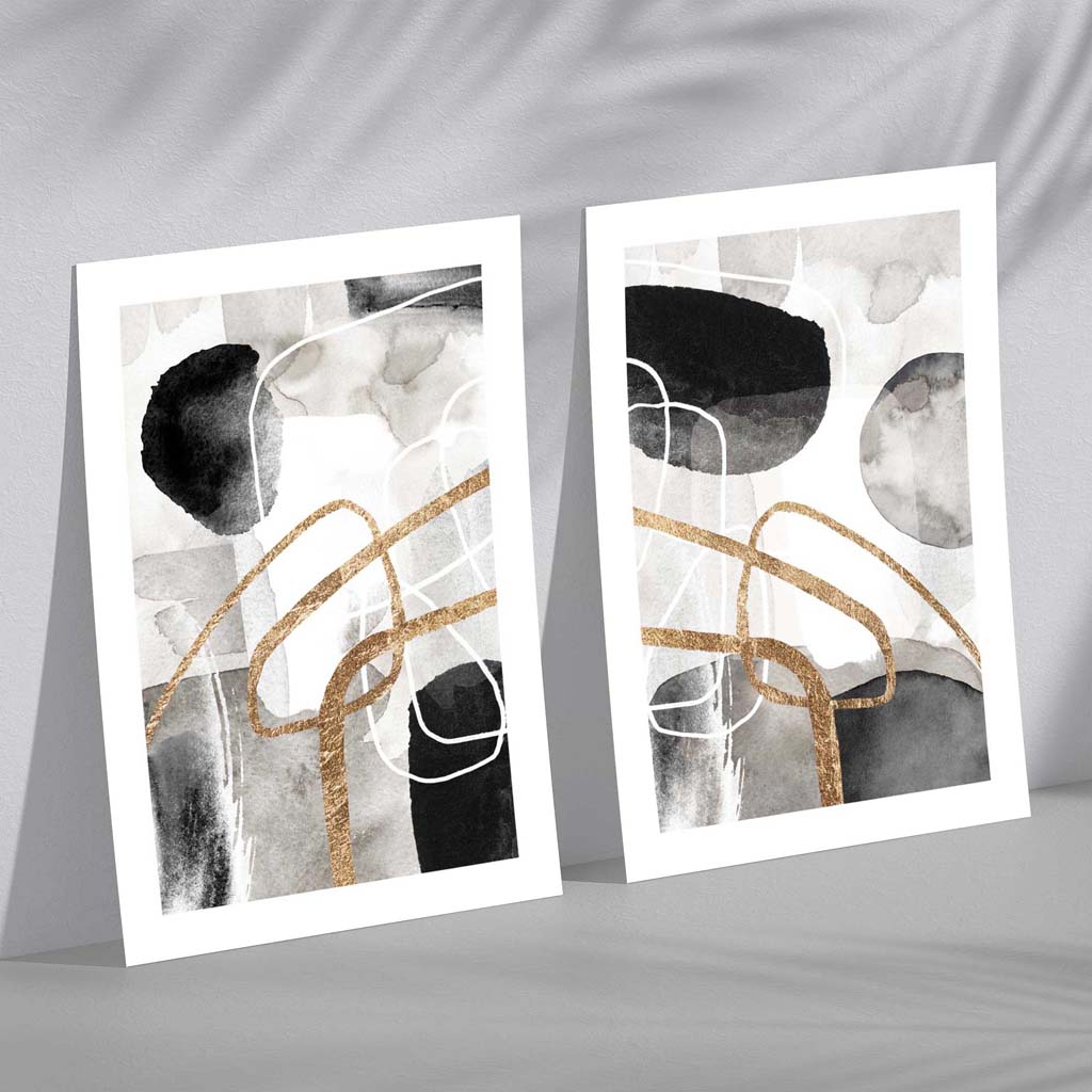 Black and Gold Abstract Shapes Set of 2 Art Prints
