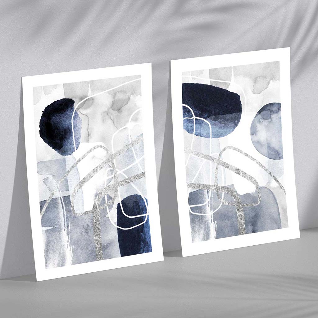 Blue and Silver Abstract Shapes Set of 2 Art Prints