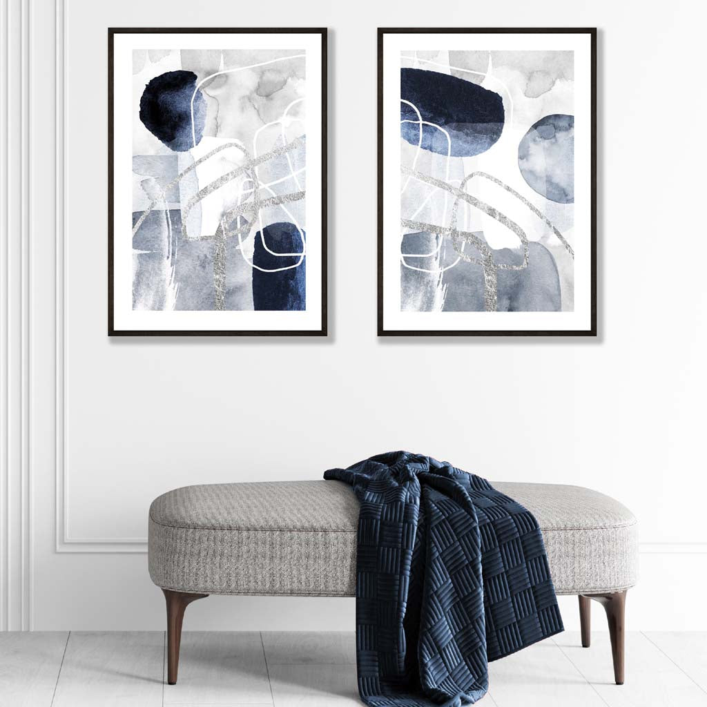 Blue and Silver Abstract Shapes Posters | Artze Wall Art UK
