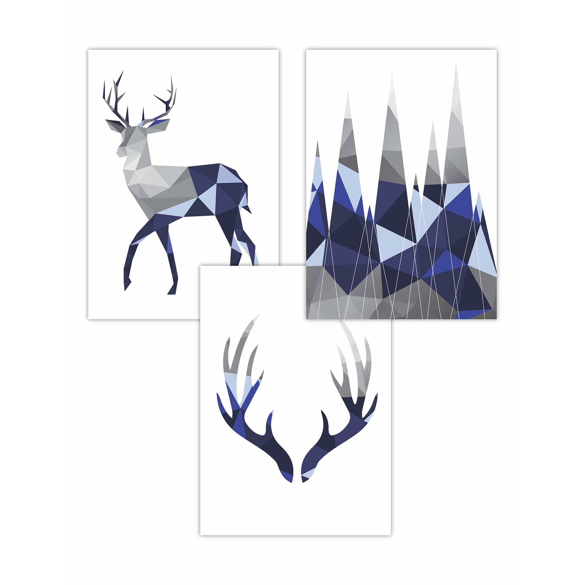 Geometric Set of 3 Navy Blue & Grey Stag, Antlers, Mountains Wall Art Prints