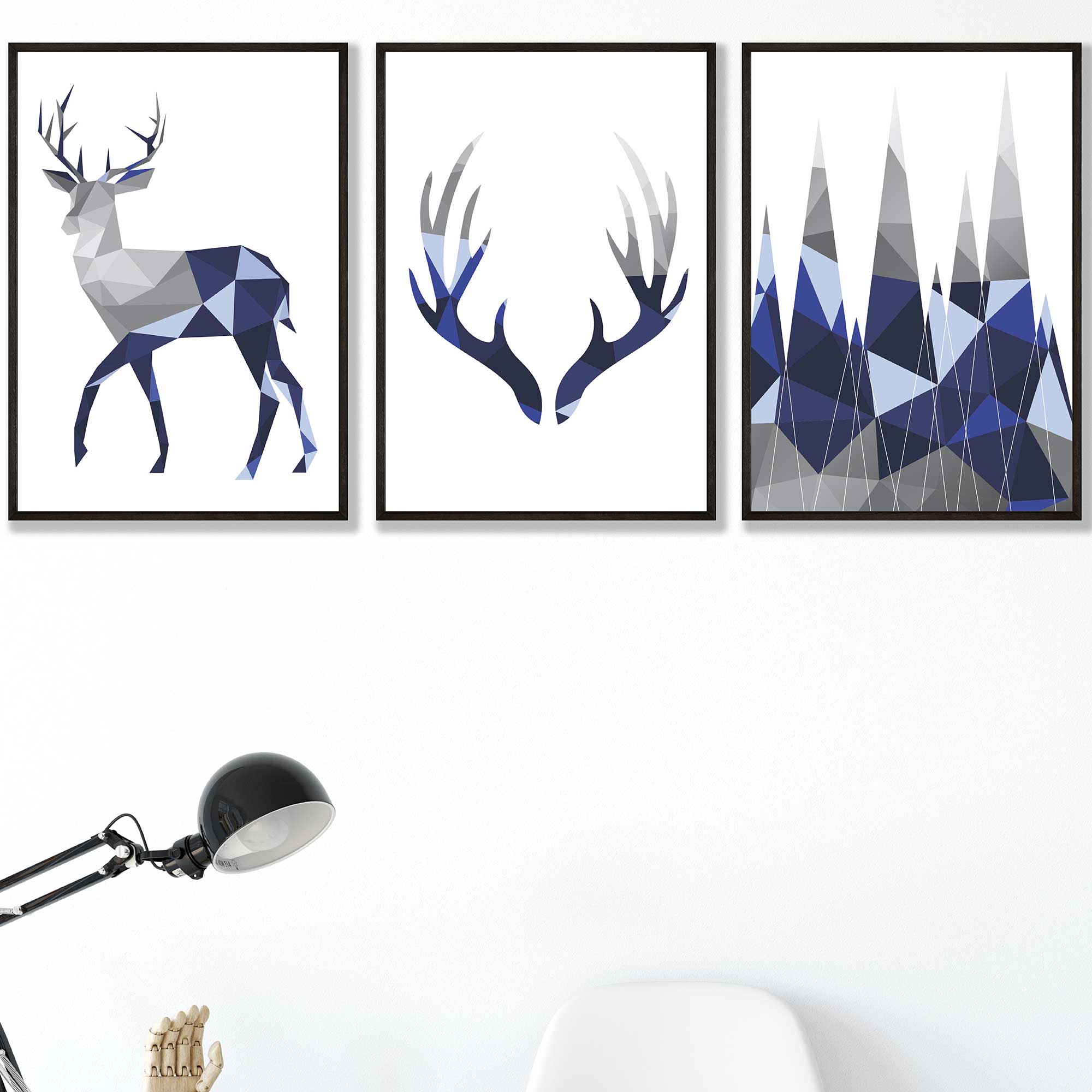 Geometric Set of 3 Navy Blue & Grey Stag, Antlers, Mountains Wall Art Prints