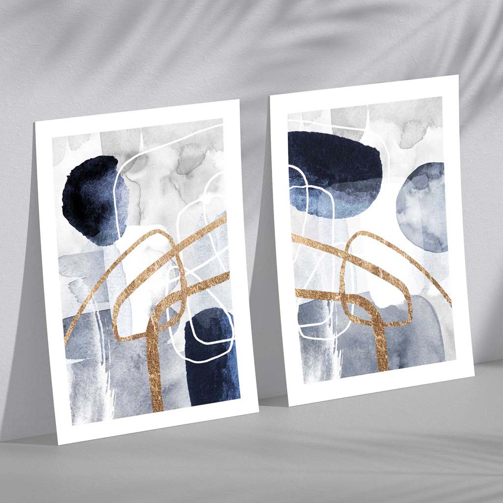 Blue and Gold Abstract Shapes Set of 2 Art Prints