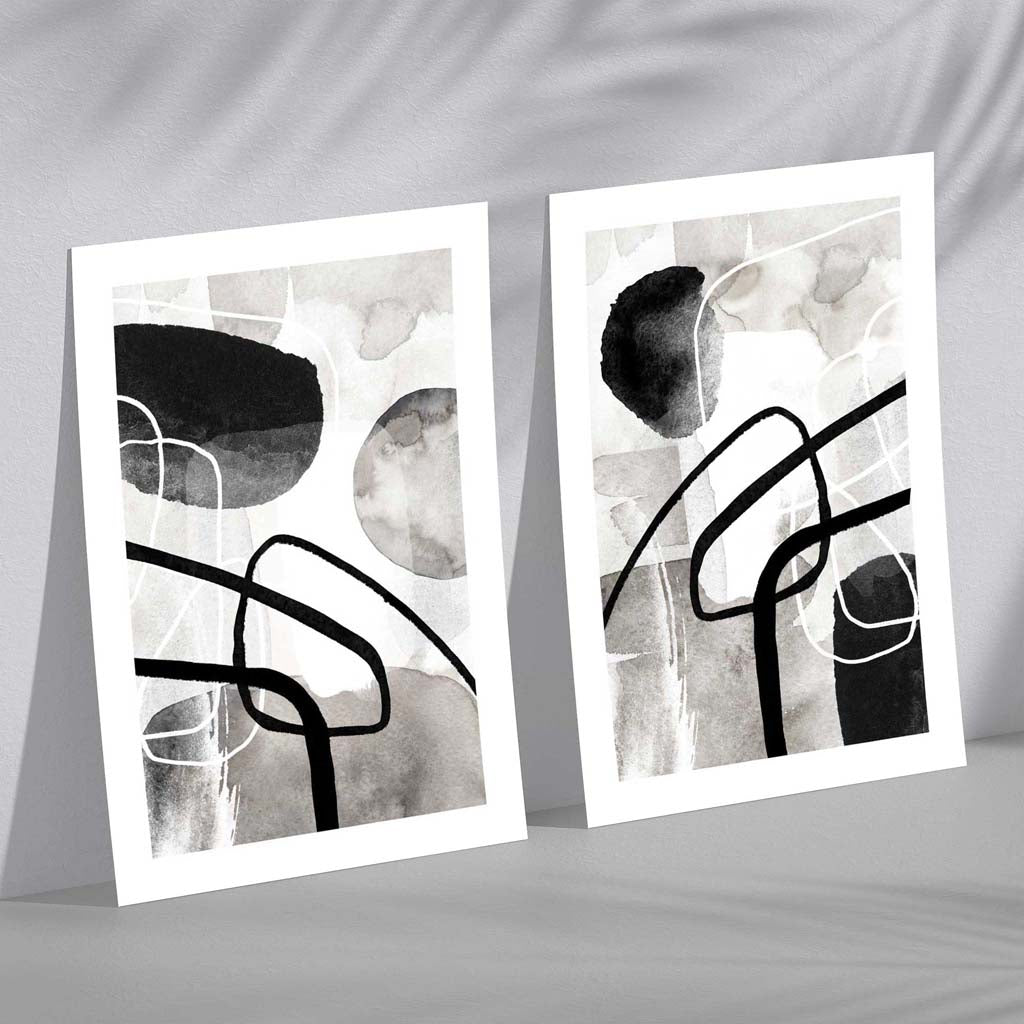 Black and Grey Abstract Shapes Set of 2 Art Prints