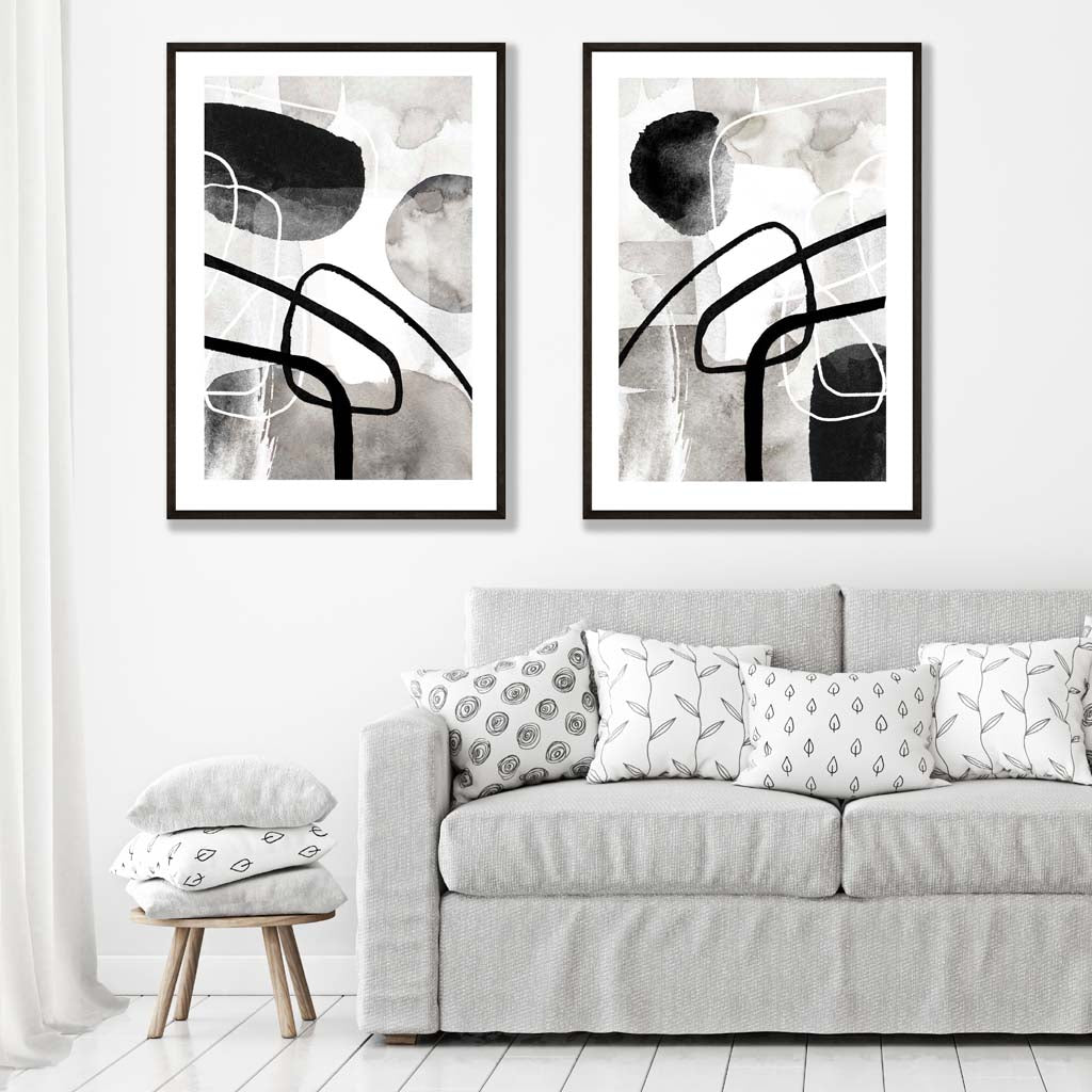 Black and Grey Abstract Shapes Art Prints Set | Artze Wall Art UK