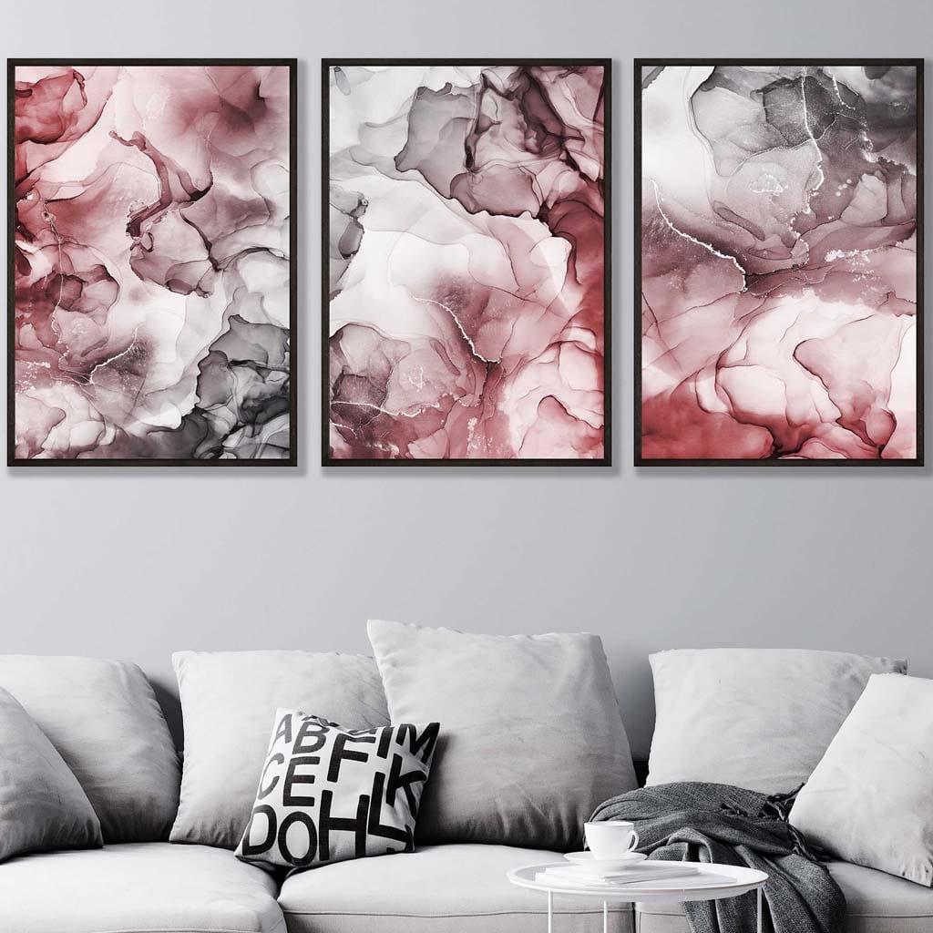 Set of 3 Abstract floral Red & Grey Wall Art Prints