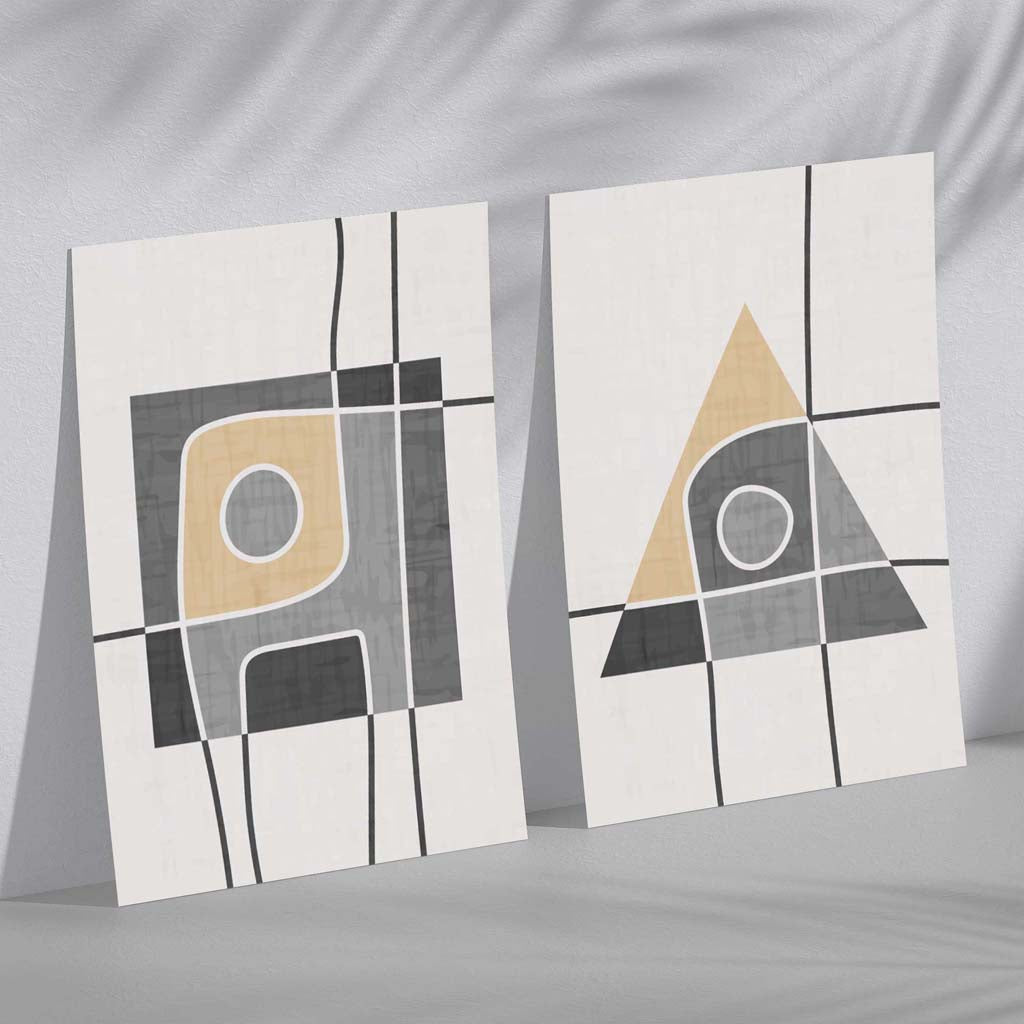 Modern Geometric Grey and Yellow Sketch Set of 2 Art Prints
