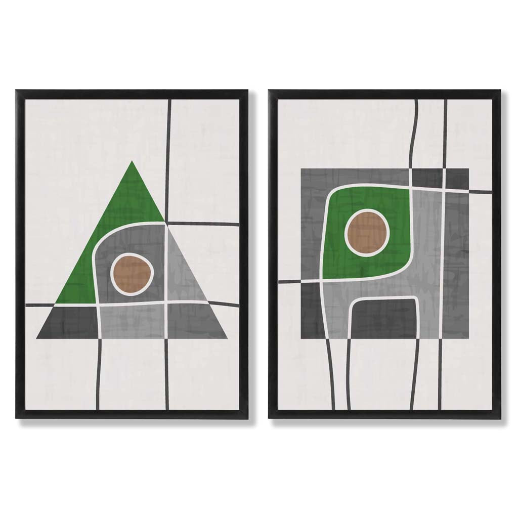 Sage Green Geometric Pineapple Fruit Set of 2 Art Prints with Black Frame