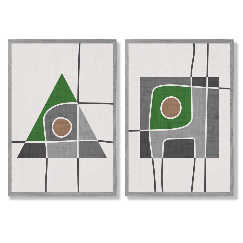 Sage Green Geometric Pineapple Fruit Set of 2 Art Prints with Light Grey Frame