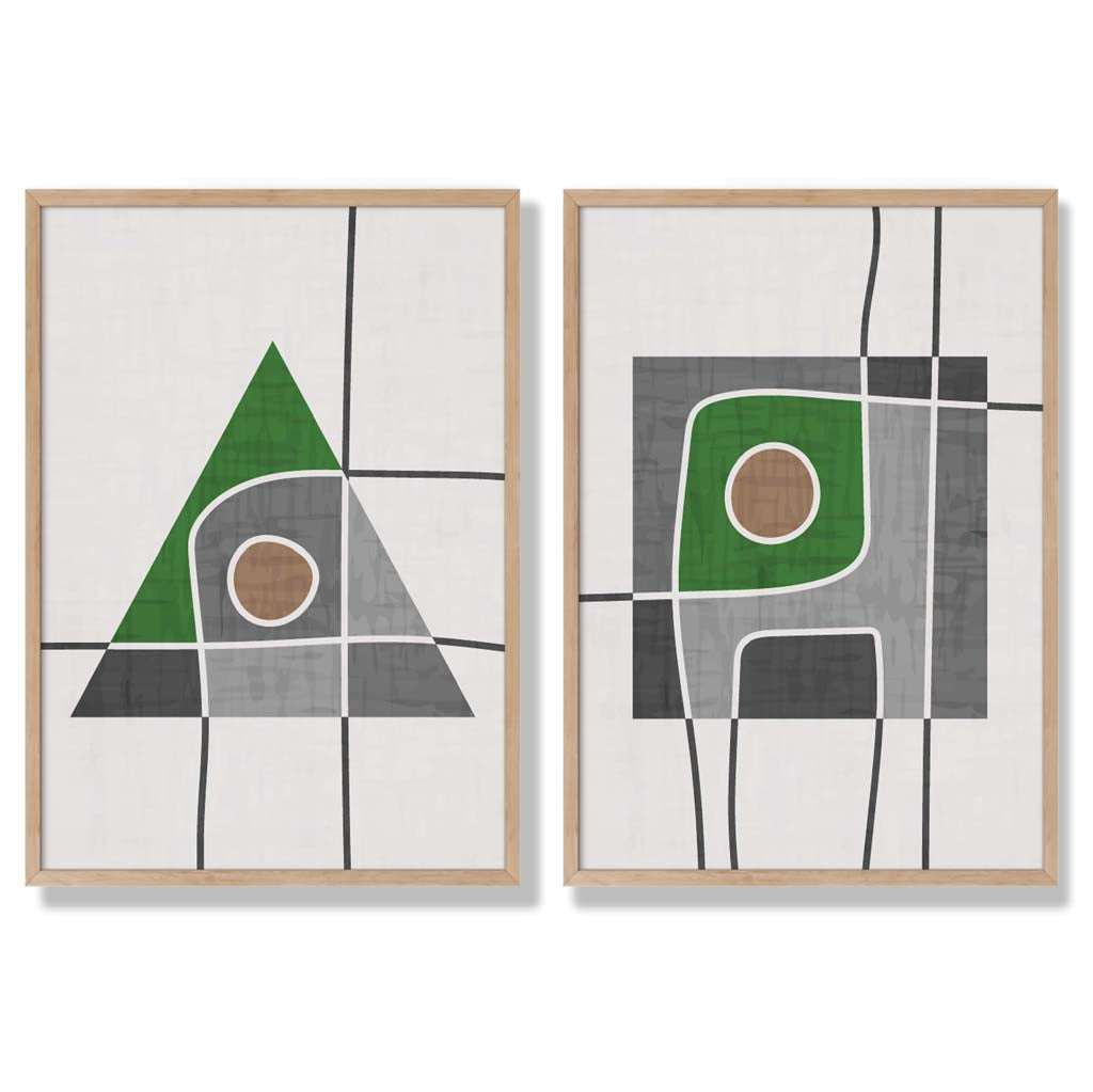 Sage Green Geometric Pineapple Fruit Set of 2 Art Prints with Oak Frame