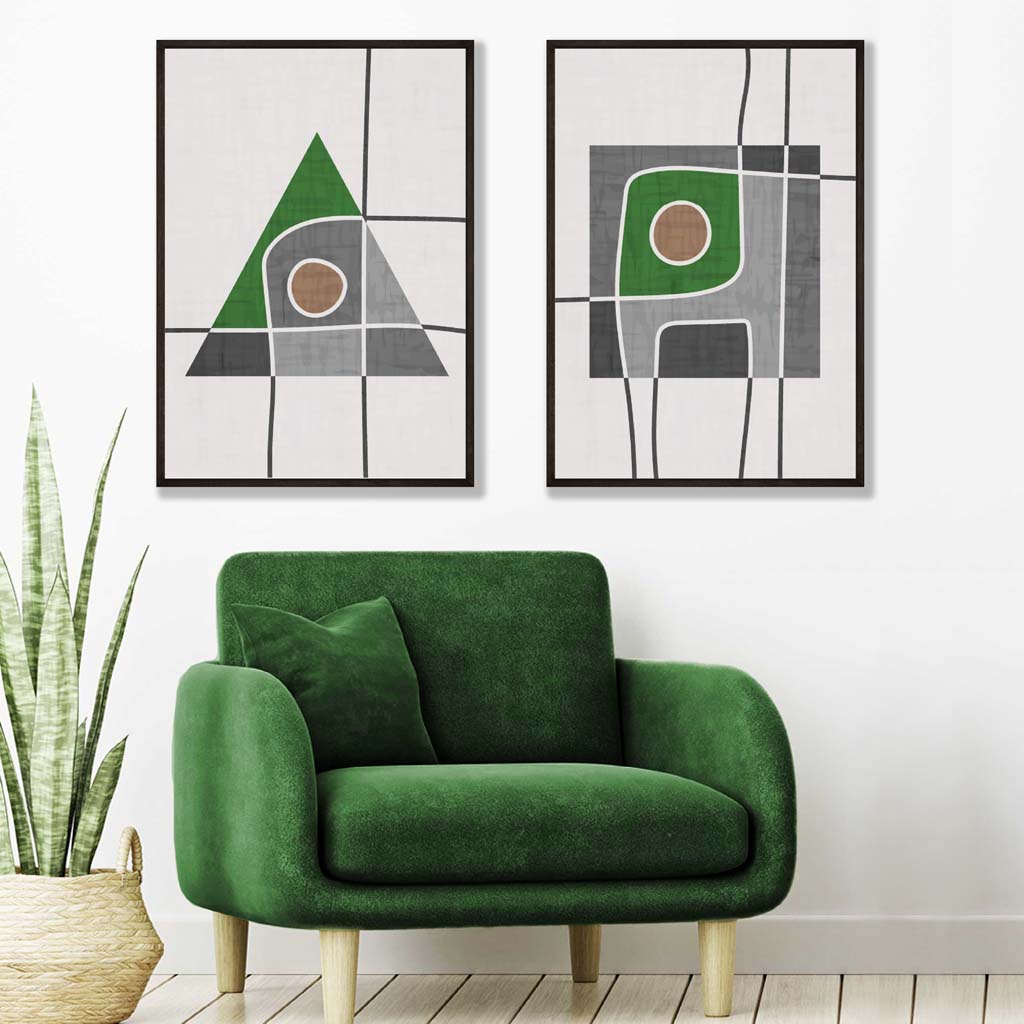 Modern Geometric Grey and Green Sketch Posters | Artze Wall Art UK