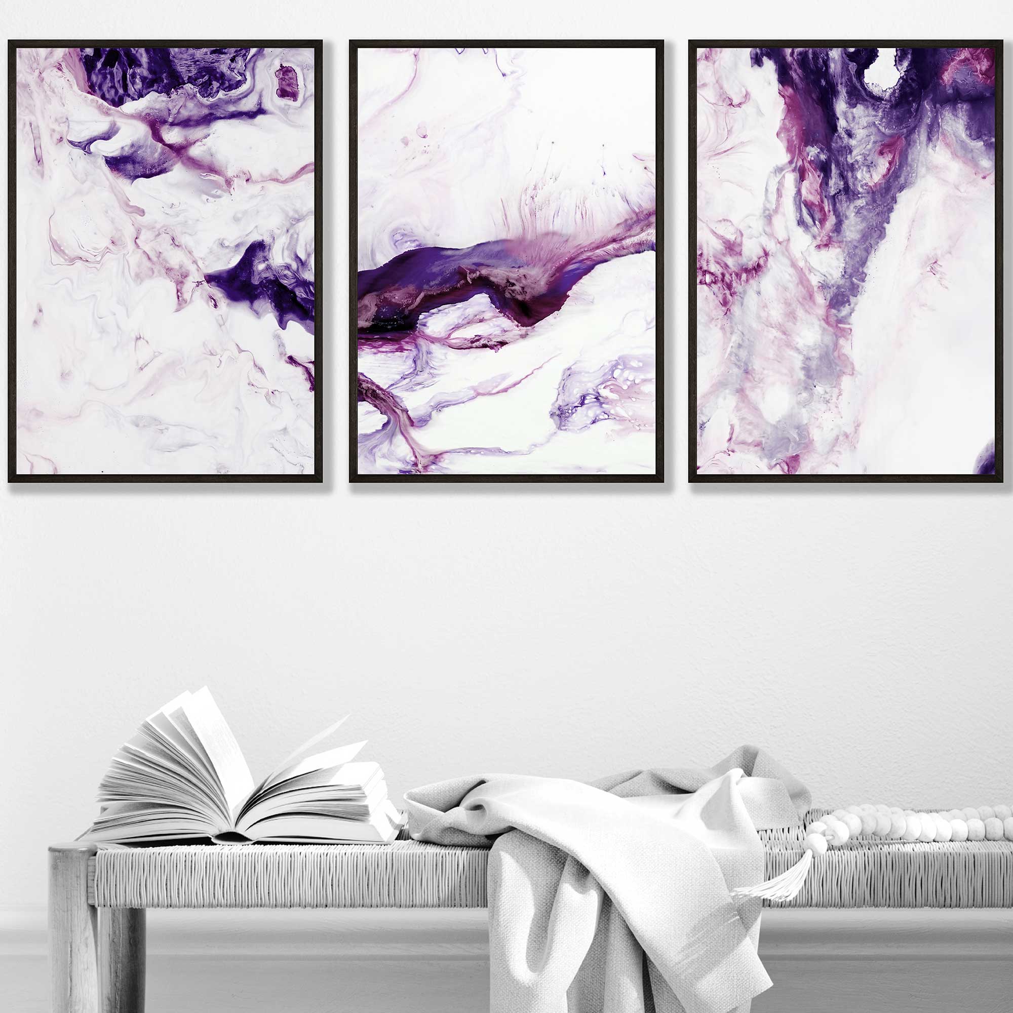 Set of 3 Abstract Pink Purple & White Art Prints