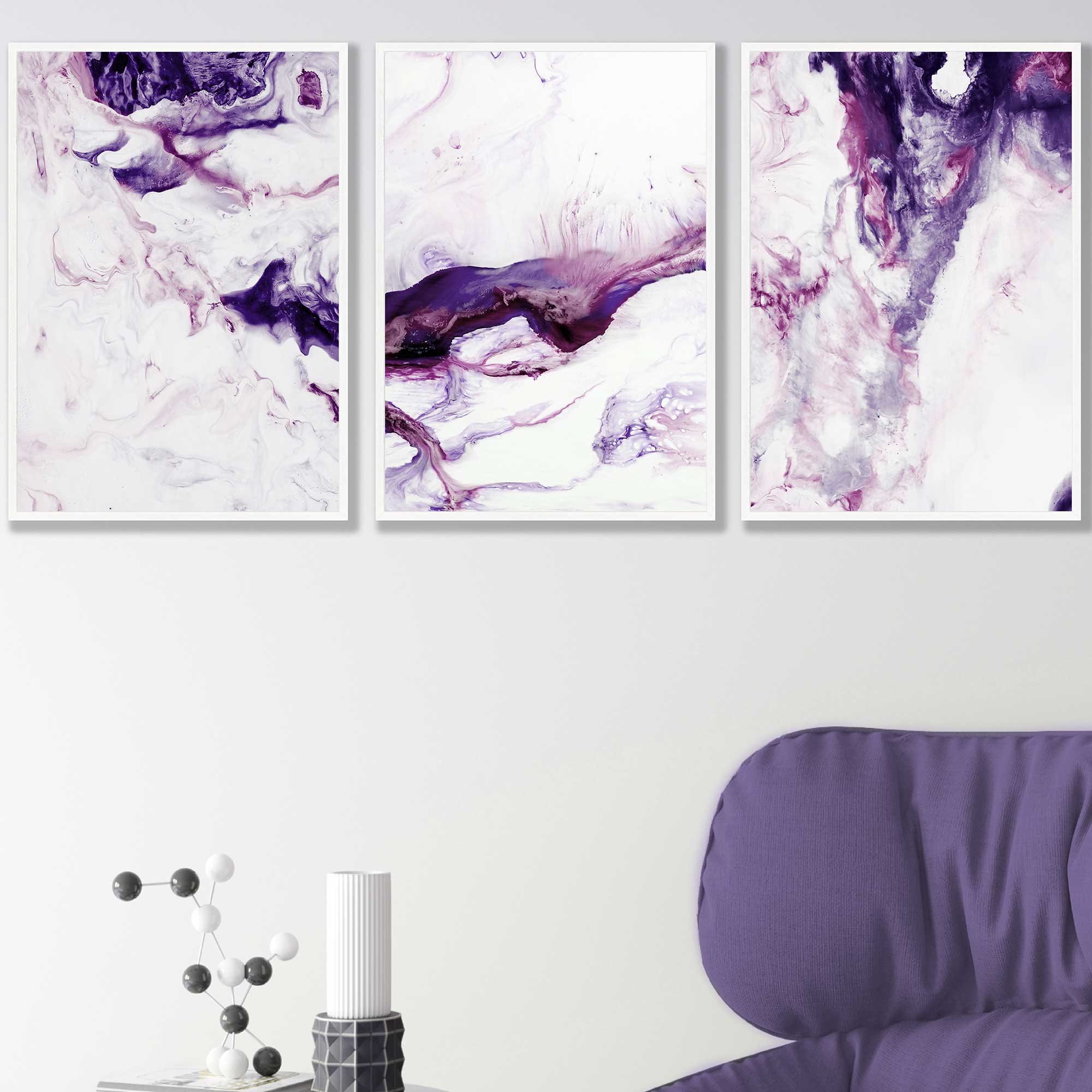 Set of 3 Abstract Pink Purple & White Art Prints