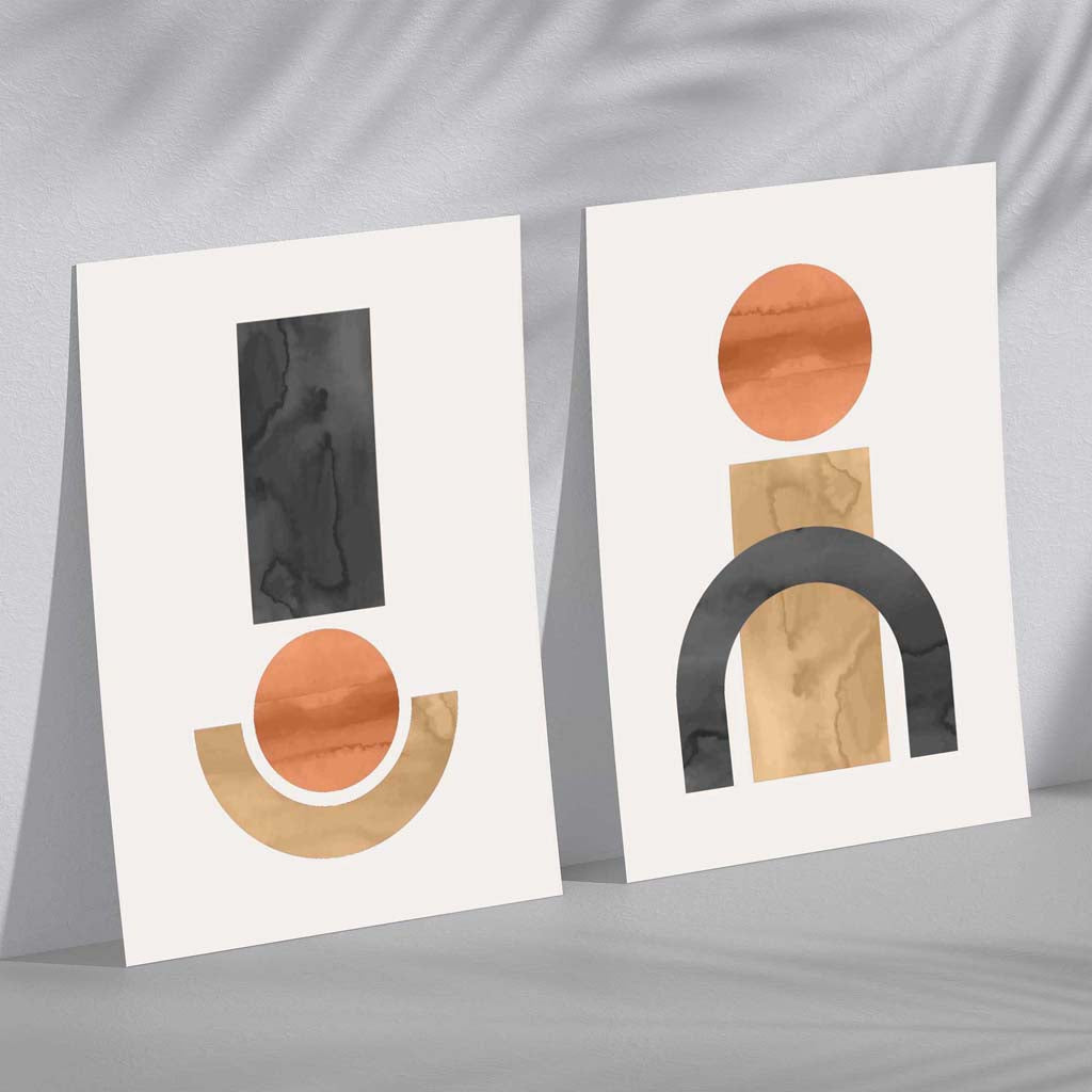 Geometric Black and Orange Watercolour Set of 2 Art Prints
