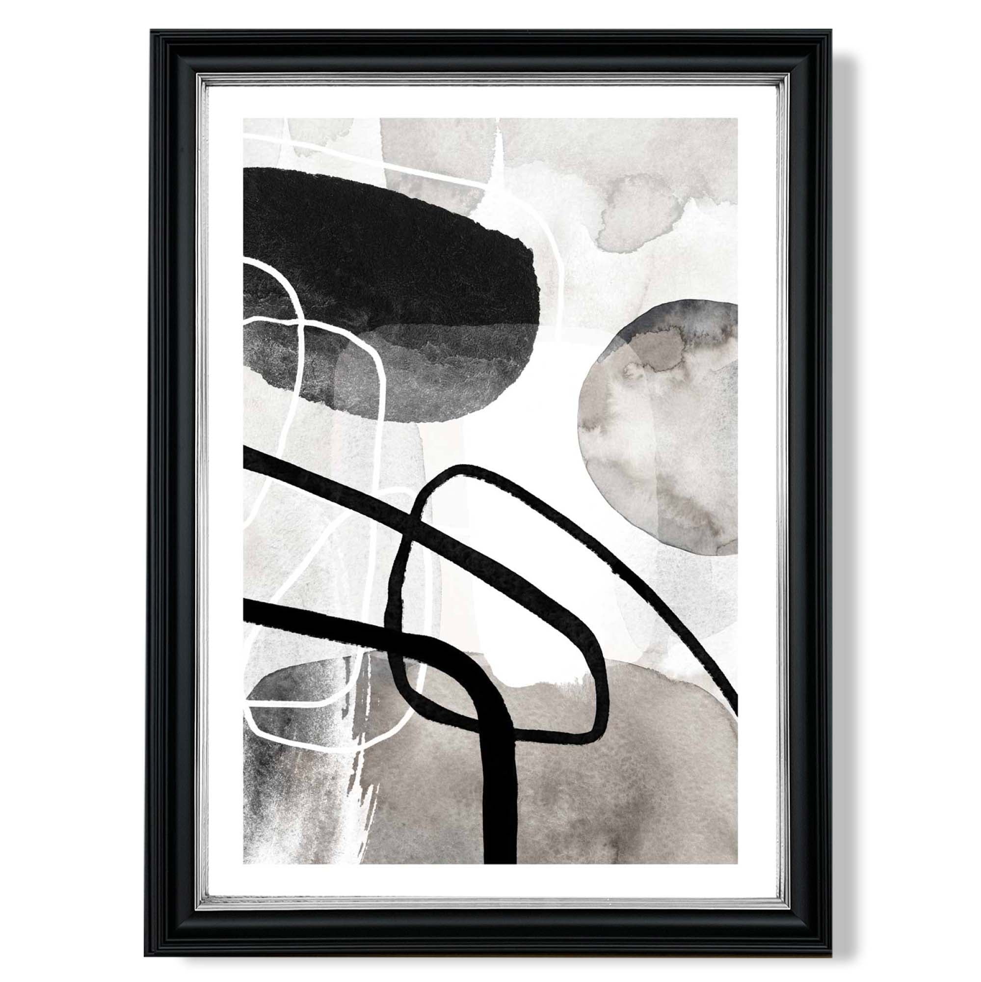 Abstract Black and Grey Shapes No 1 print in Black and silver Frame