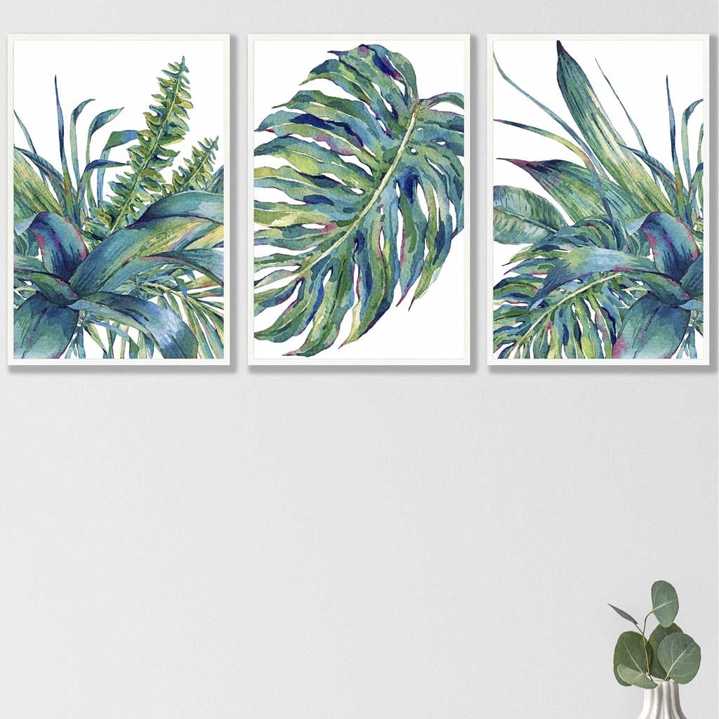Set of 3 Blue Green Watercolour Tropical Leaves Wall Art Prints