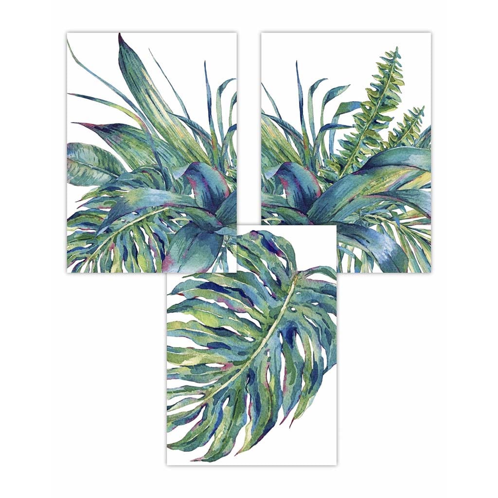 Set of 3 Blue Green Watercolour Tropical Leaves Wall Art Prints