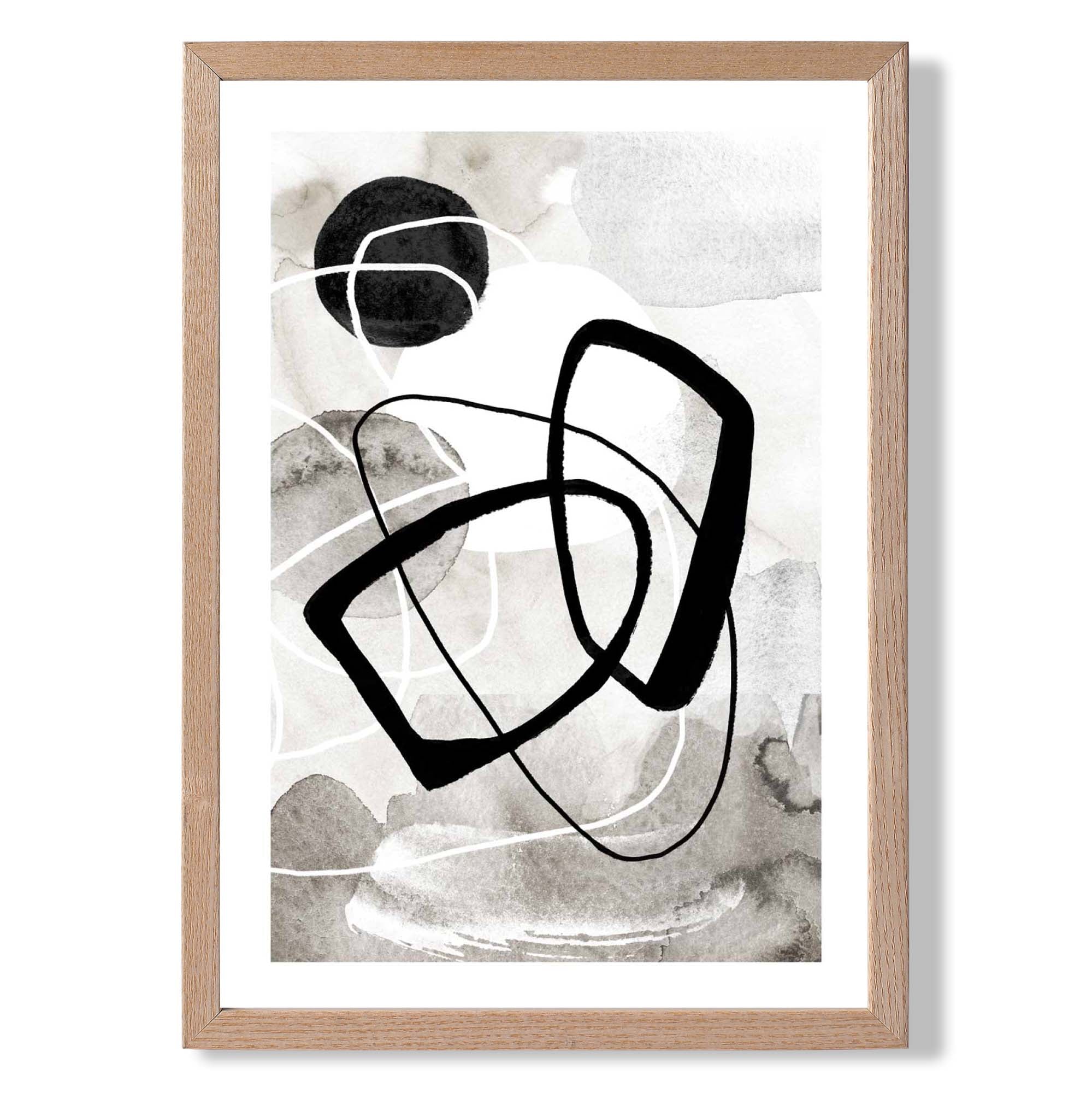 Abstract Black and Grey Shapes No 2 print in Light Oak Wooden Frame