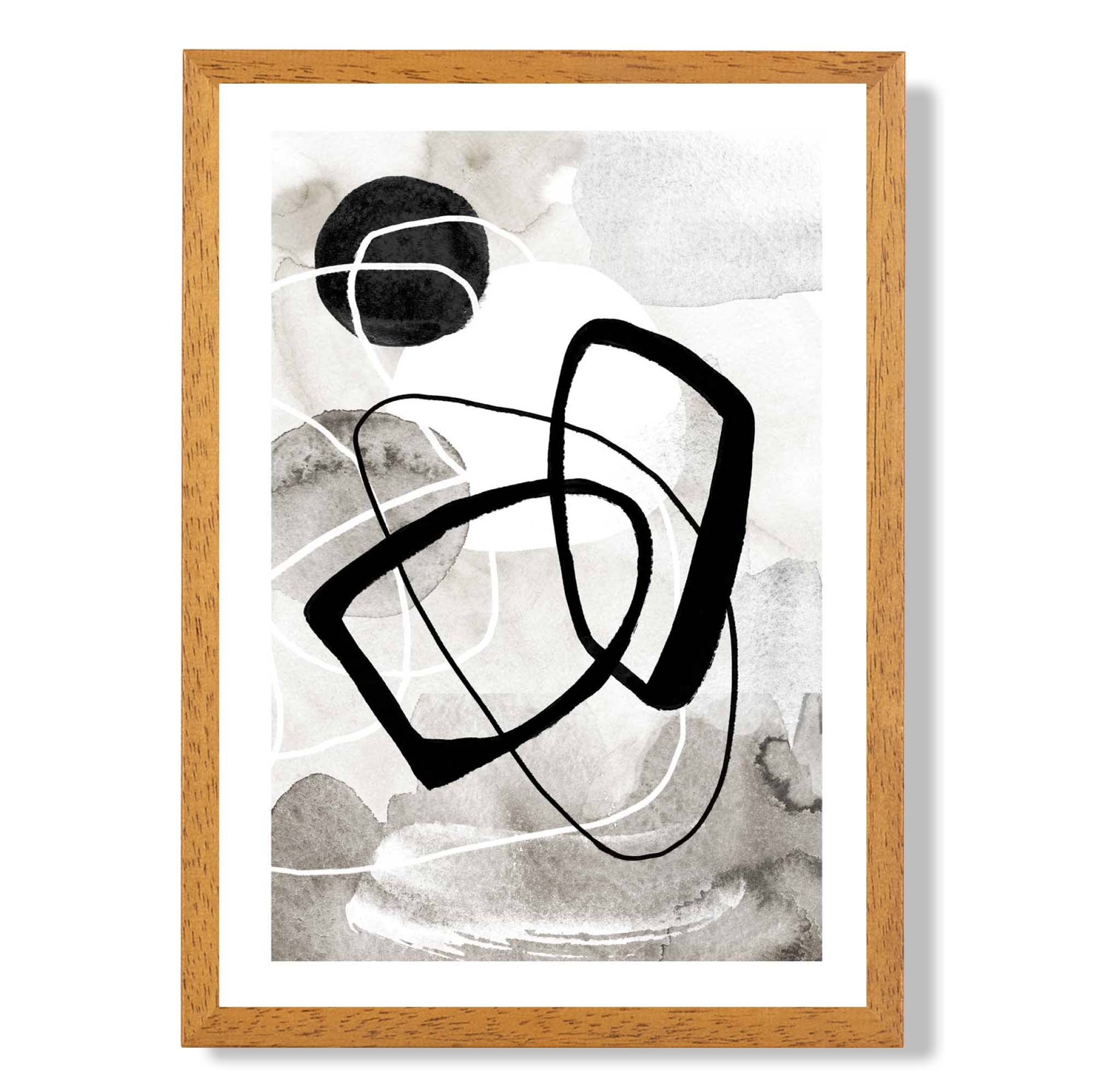Abstract Black and Grey Shapes No 2 print in Oak Wooden Frame