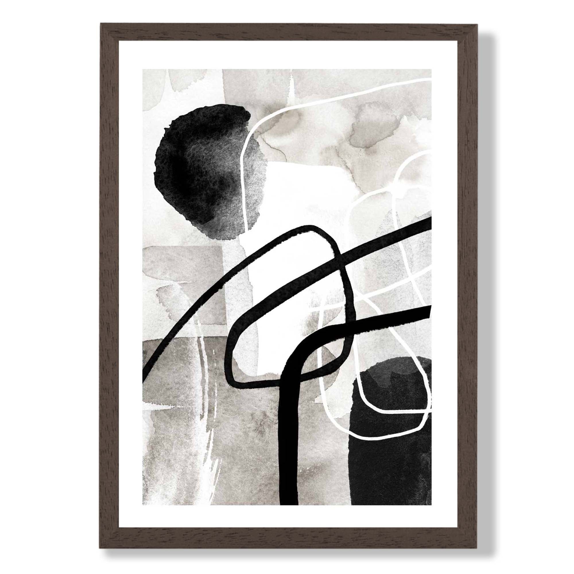 Abstract Black and Grey Shapes No 3 print in Dark Wooden Frame