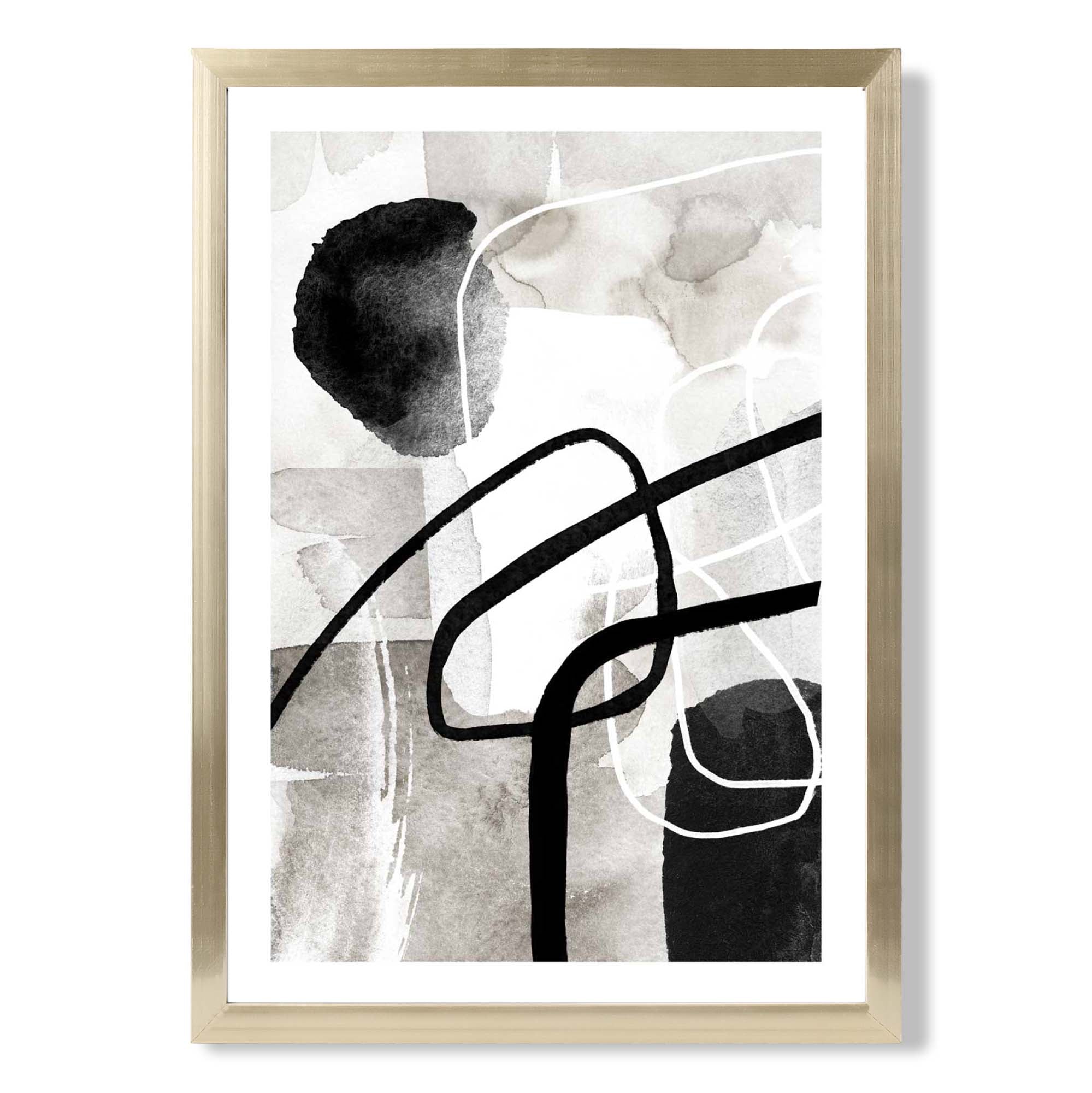 Abstract Black and Grey Shapes No 3 print in Gold Wooden Frame