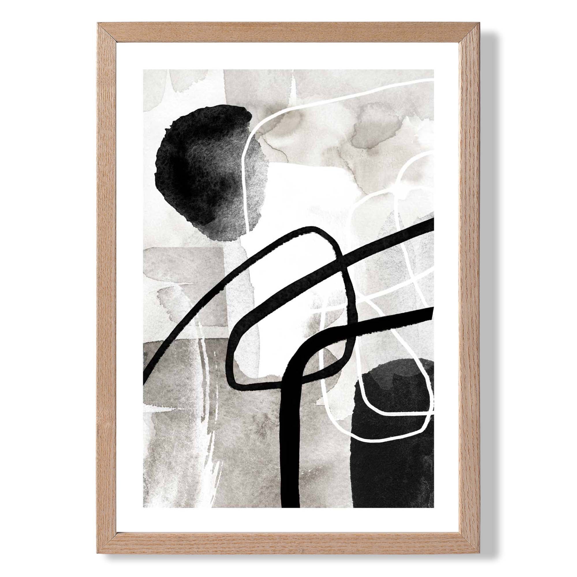 Abstract Black and Grey Shapes No 3 print in Light Oak Wooden Frame