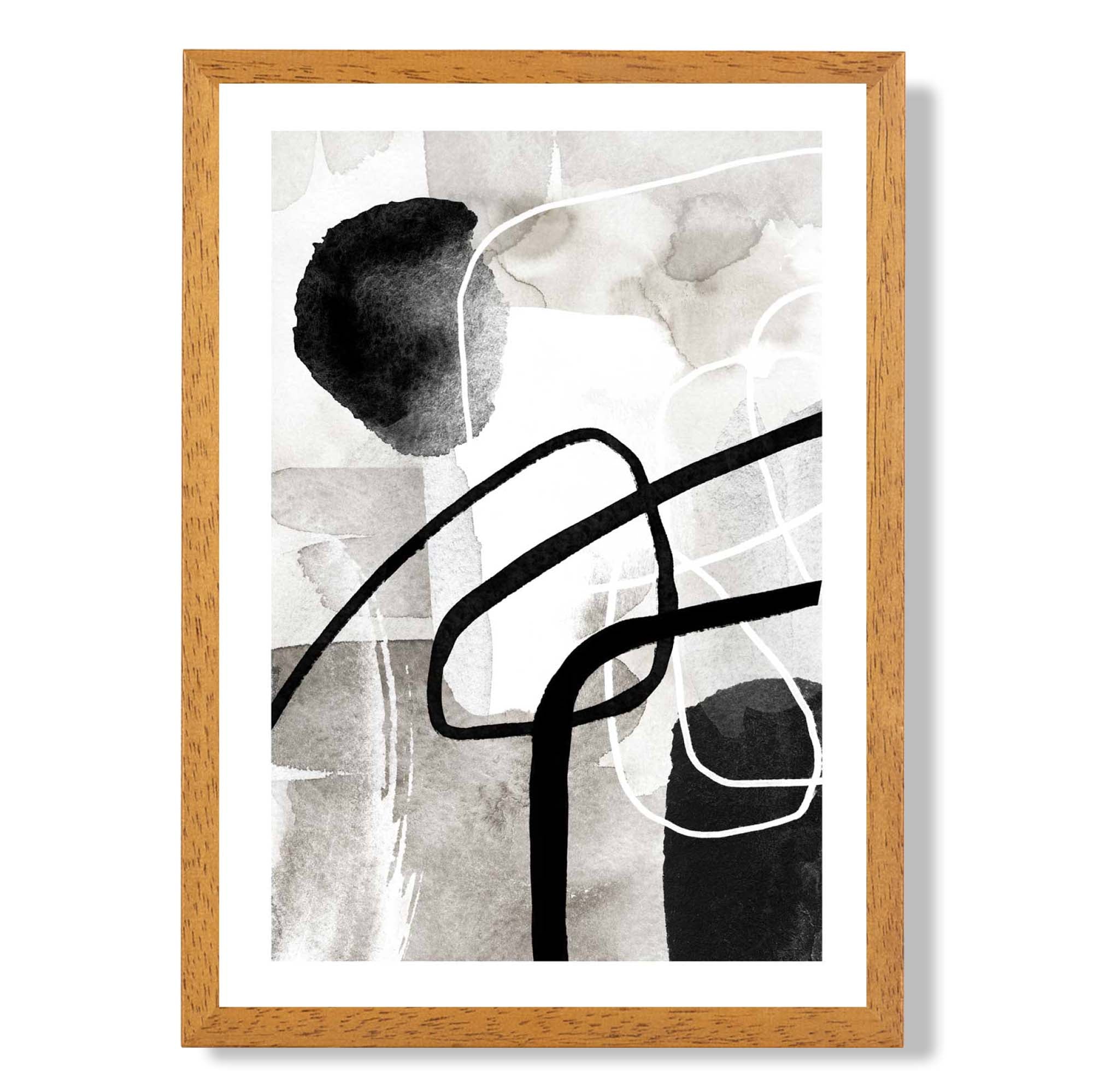 Abstract Black and Grey Shapes No 3 print in Oak Wooden Frame