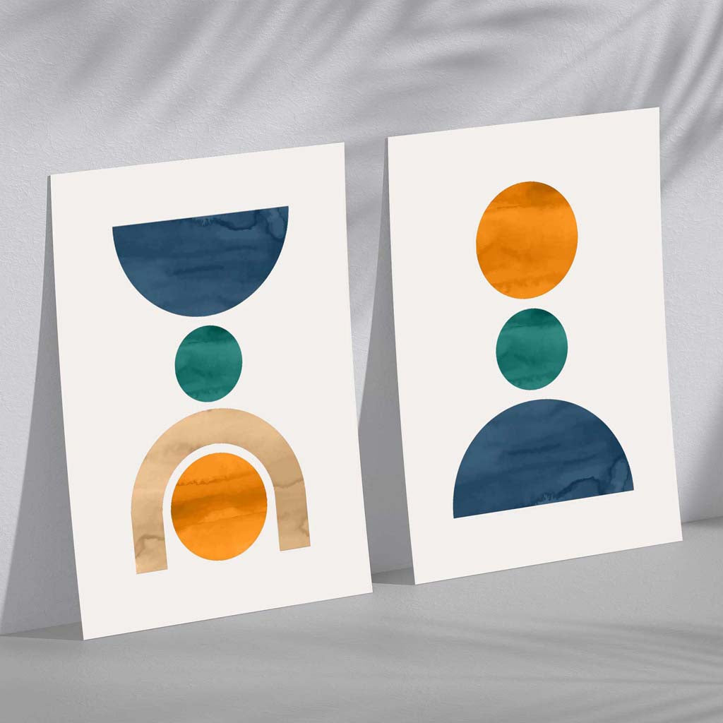 Geometric Blue and Orange Watercolour Set of 2 Art Prints