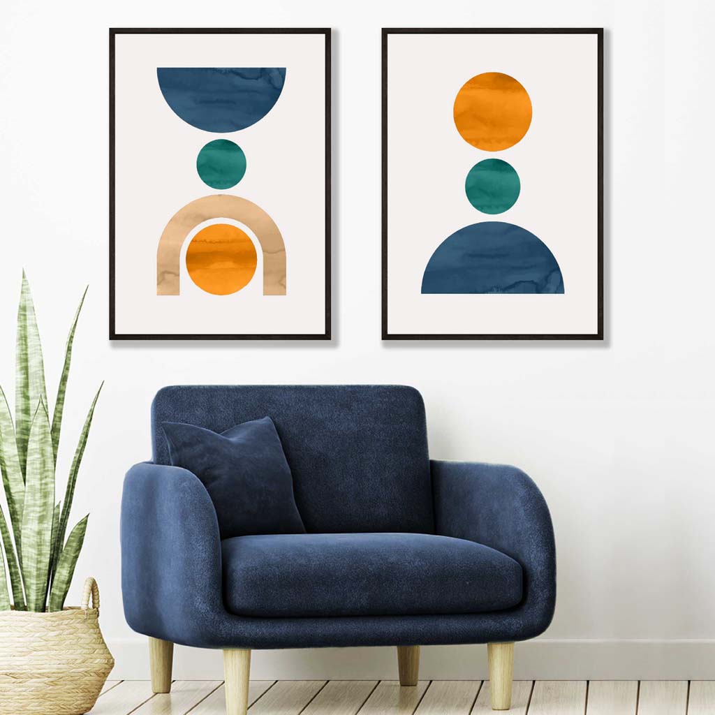 Set of 2 Framed Geometric Blue and Orange Watercolour Prints | Artze Wall Art UK