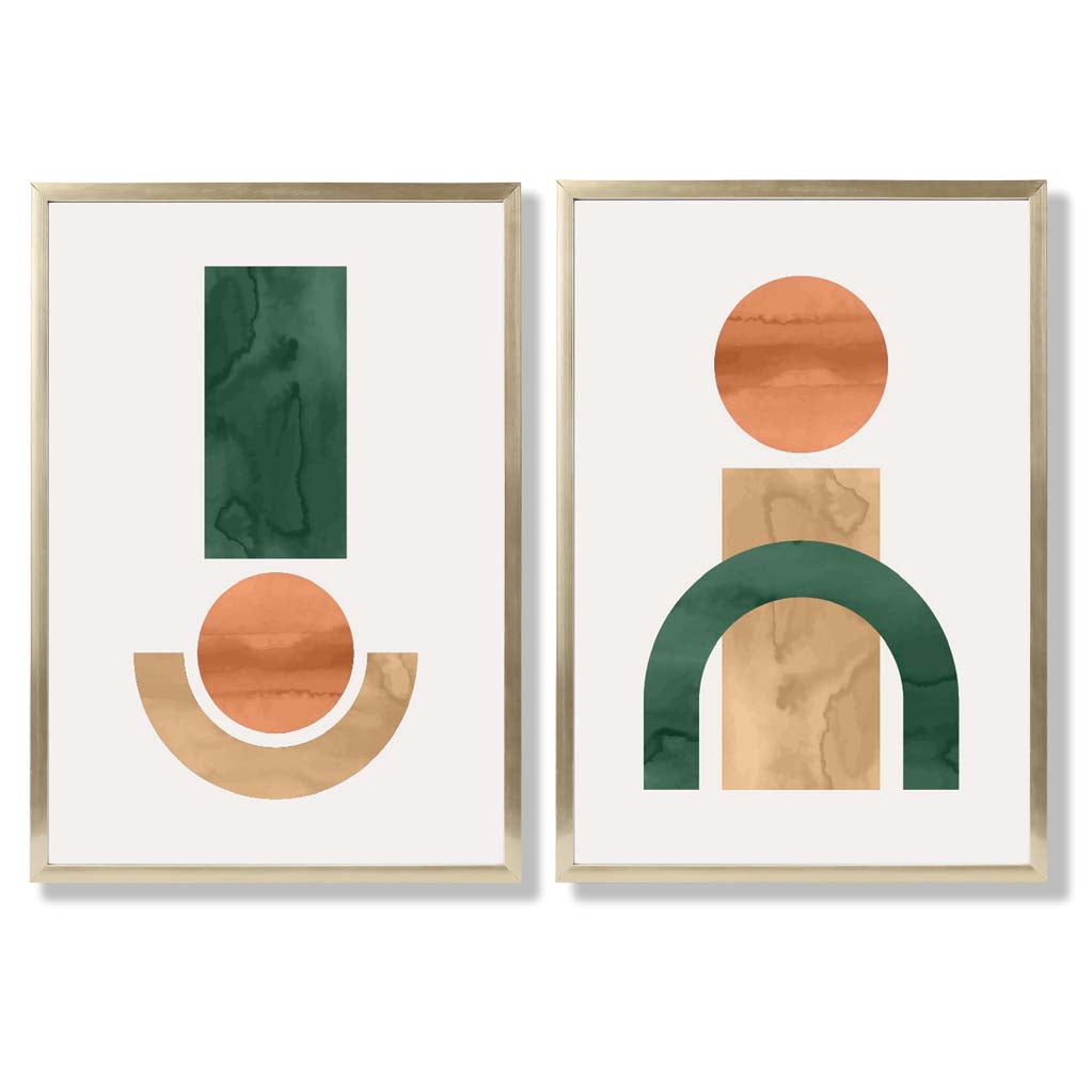 Sage Green Geometric Pineapple Fruit Set of 2 Art Prints with Gold Frame