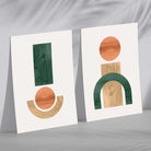 Geometric Orange and Green Watercolour Set of 2 Art Prints