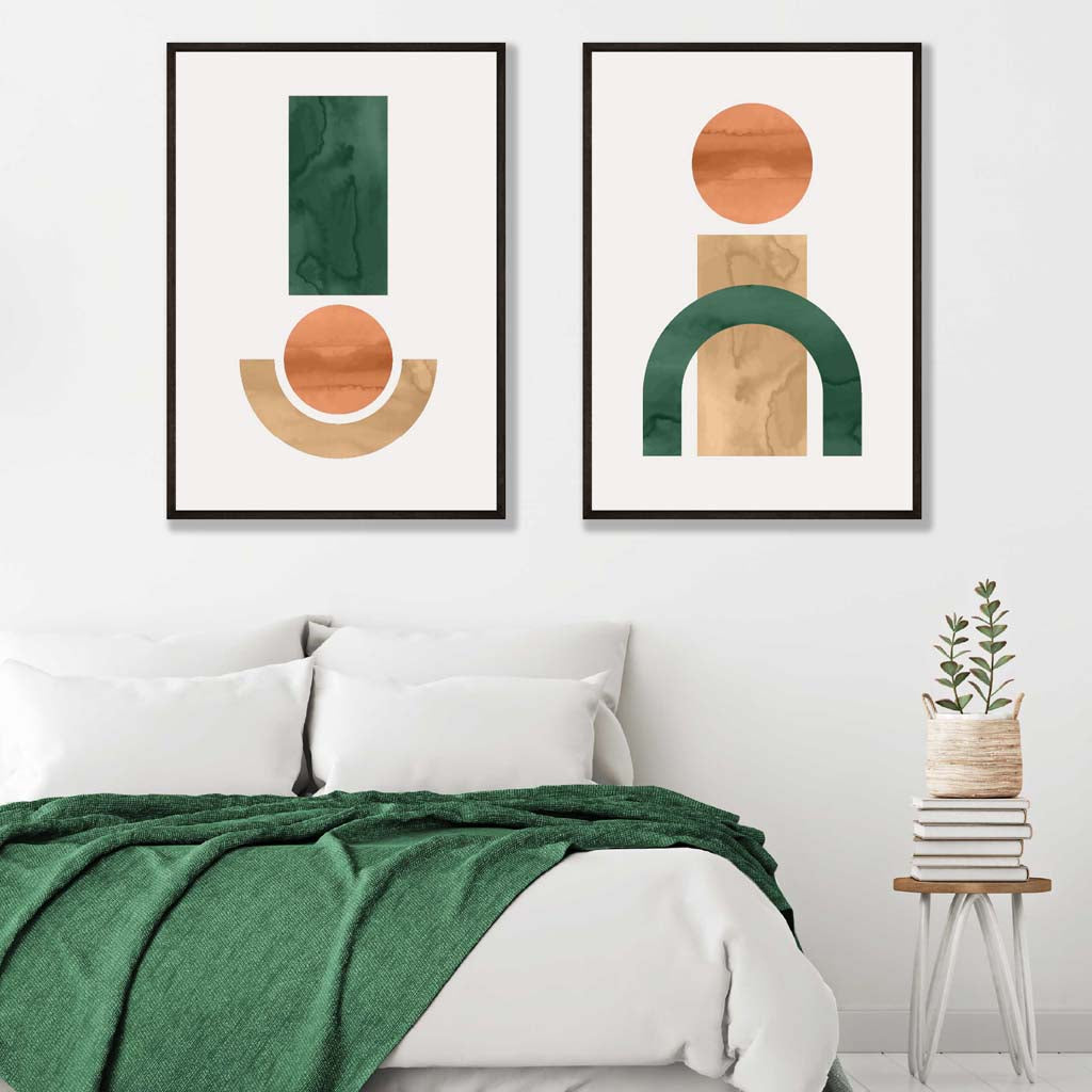 Framed Set of 2 Geometric Orange and Green Watercolour Prints | Artze Wall Art UK