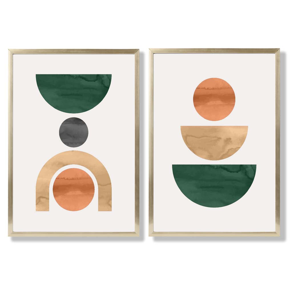 Sage Green Geometric Pineapple Fruit Set of 2 Art Prints with Gold Frame