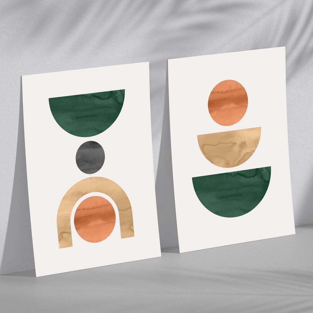 Geometric Green and Orange Watercolour Set of 2 Art Prints