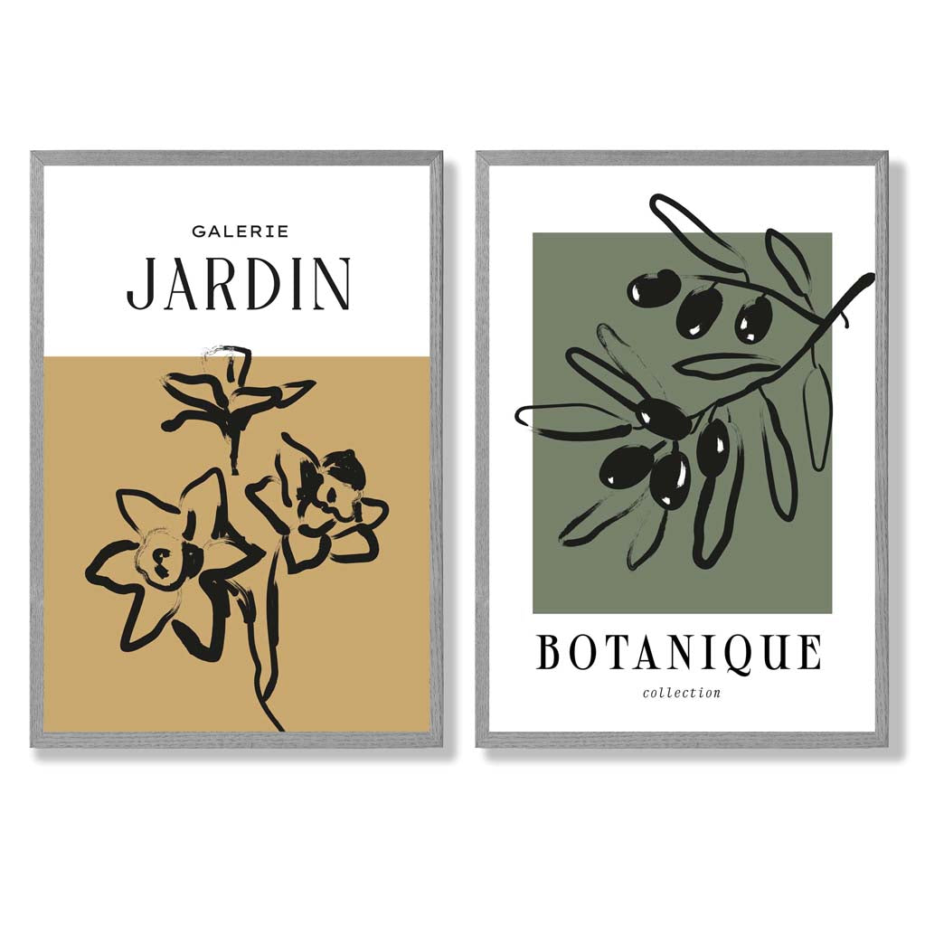 Sage Green Geometric Pineapple Fruit Set of 2 Art Prints with Light Grey Frame