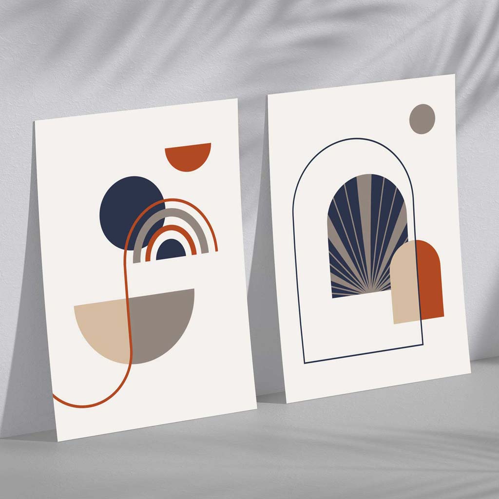 Mid Century Navy and Beige Geometric Arches Set of 2 Art Prints