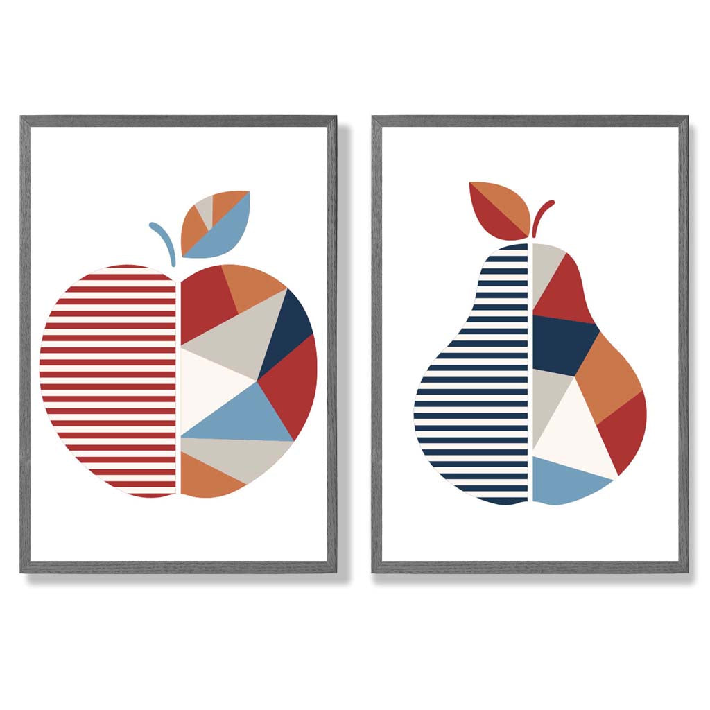 Sage Green Geometric Pineapple Fruit Set of 2 Art Prints with Dark Grey Frame