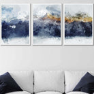 Set of 3 Abstract Art Prints of Paintings Navy Blue Yellow Golden Mountains