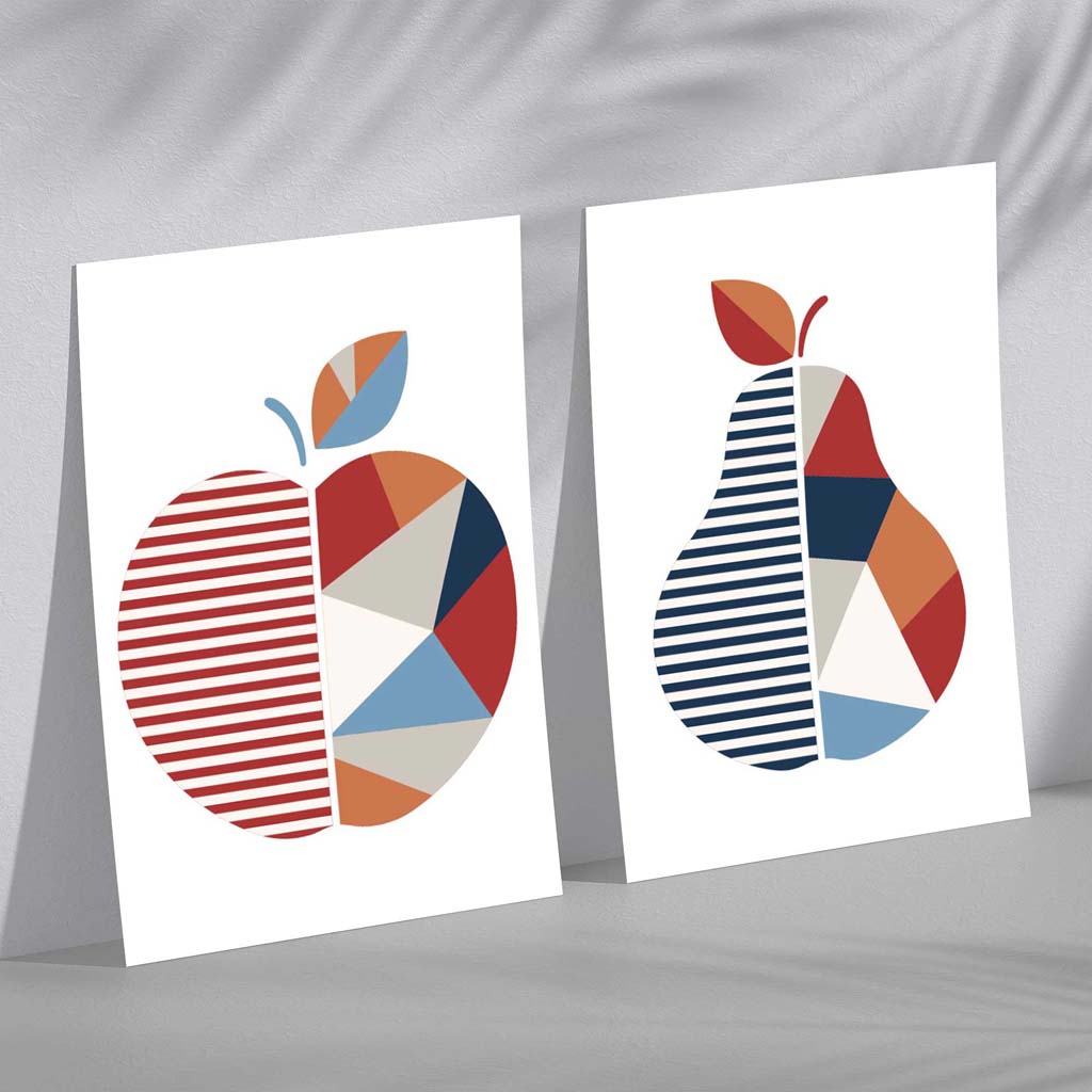 Red and Blue Geometric Apple Fruit Set of 2 Art Prints