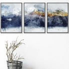 Set of 3 Abstract Art Prints of Paintings Navy Blue Yellow Golden Mountains