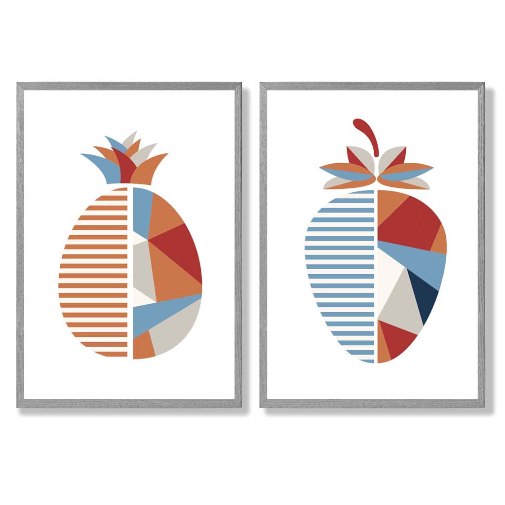 Sage Green Geometric Pineapple Fruit Set of 2 Art Prints with Light Grey Frame