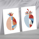 Blue and Orange Geometric Strawberry Fruit Set of 2 Art Prints