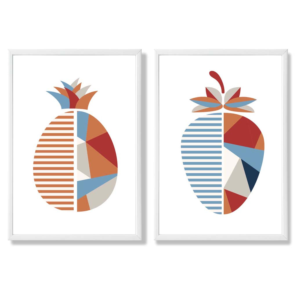 Sage Green Geometric Pineapple Fruit Set of 2 Art Prints with White Frame