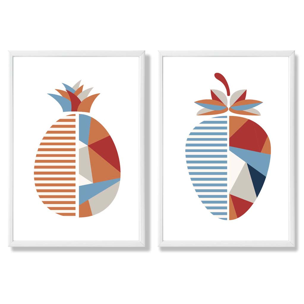 Sage Green Geometric Pineapple Fruit Set of 2 Art Prints with White Frame