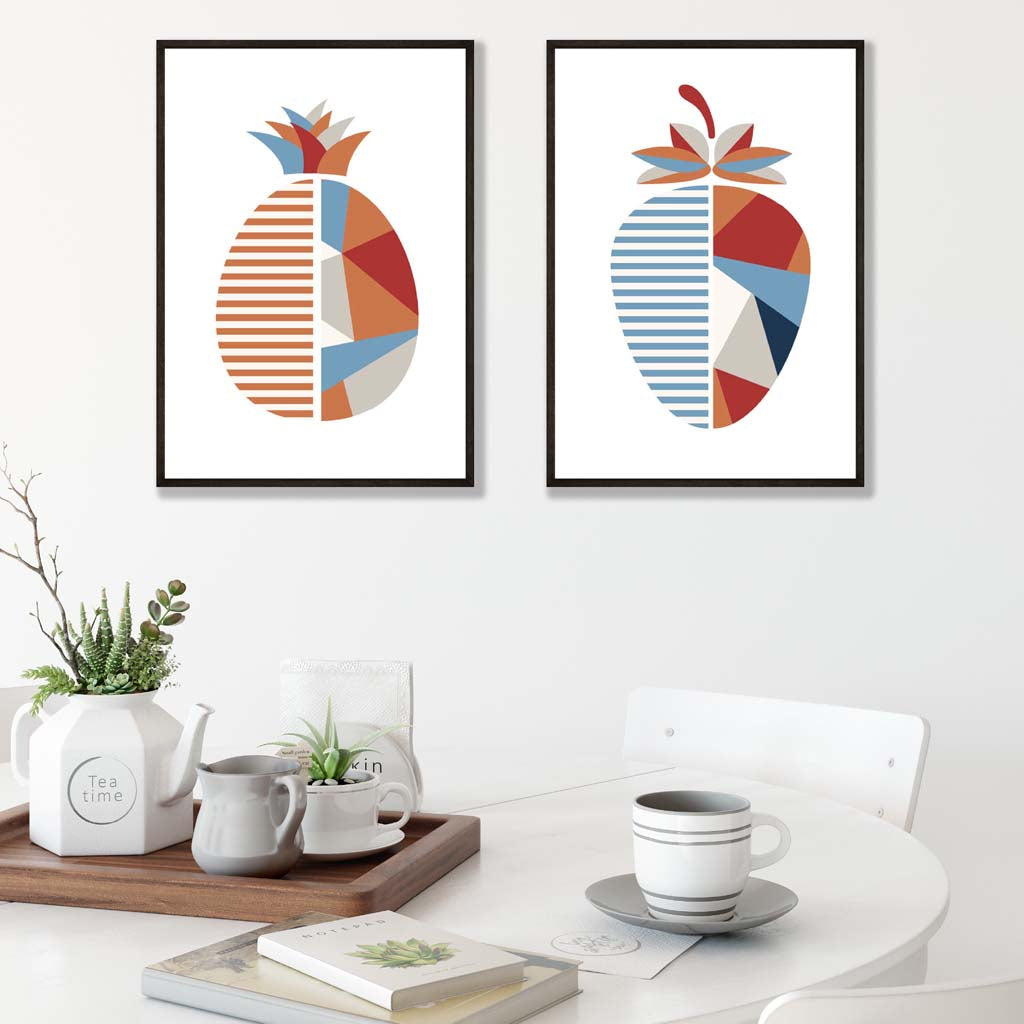 Set of 2 Blue Orange Geometric Pineapple and Strawberry Fruit Prints | Artze Wall Art UK