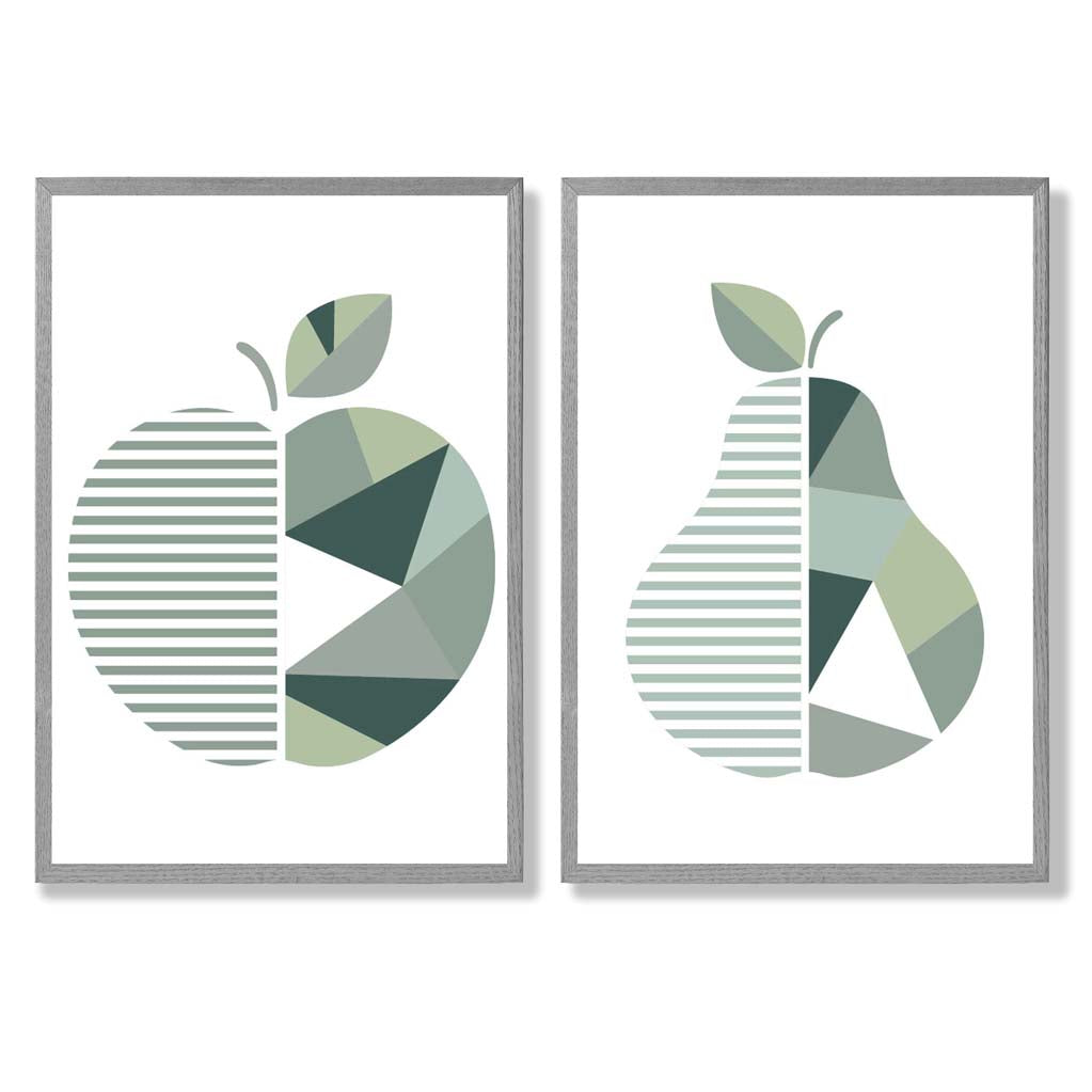 Sage Green Geometric Pineapple Fruit Set of 2 Art Prints with Light Grey Frame