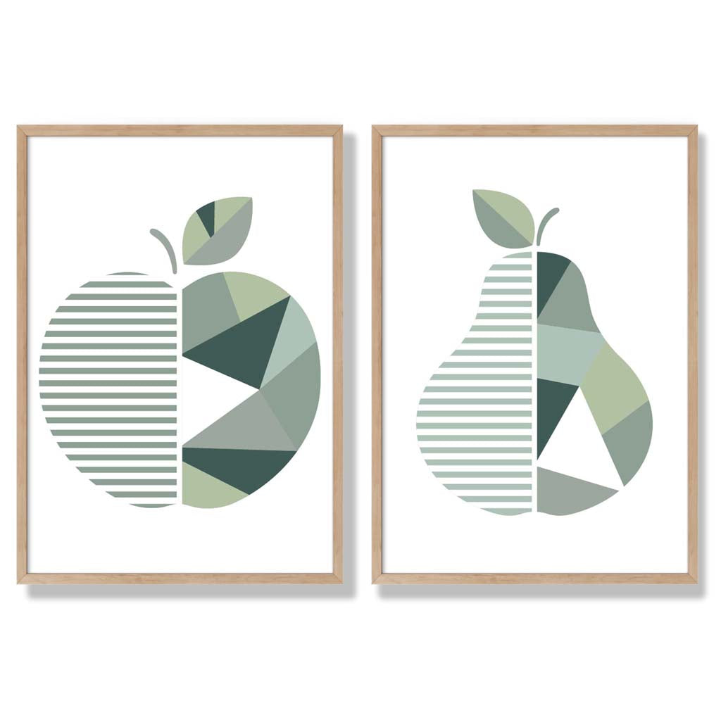 Sage Green Geometric Pineapple Fruit Set of 2 Art Prints with Oak Frame