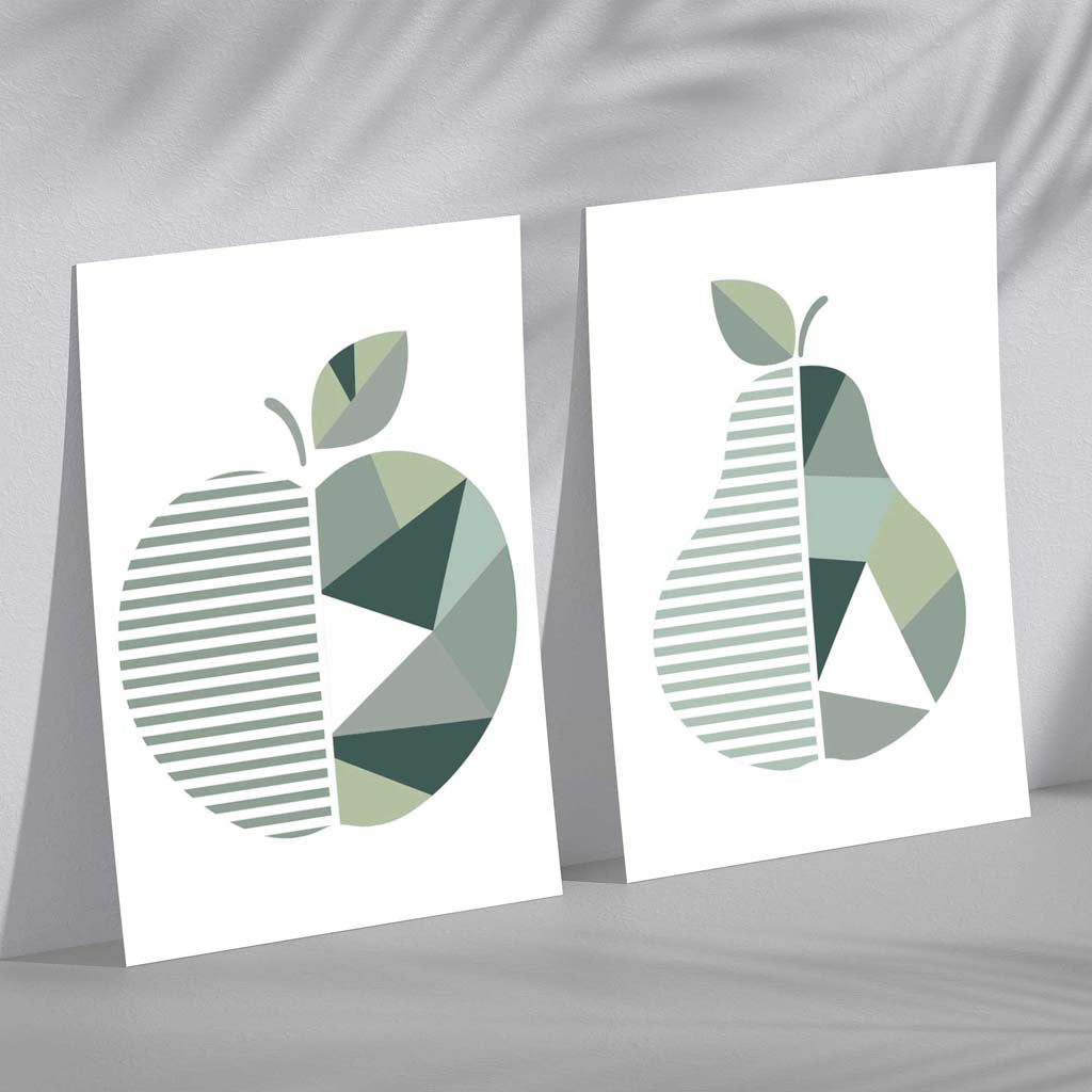Sage Green Geometric Pear Fruit Set of 2 Art Prints
