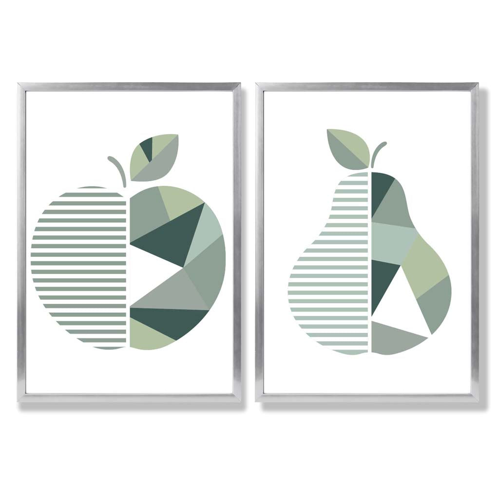 Sage Green Geometric Pineapple Fruit Set of 2 Art Prints with Silver Frame