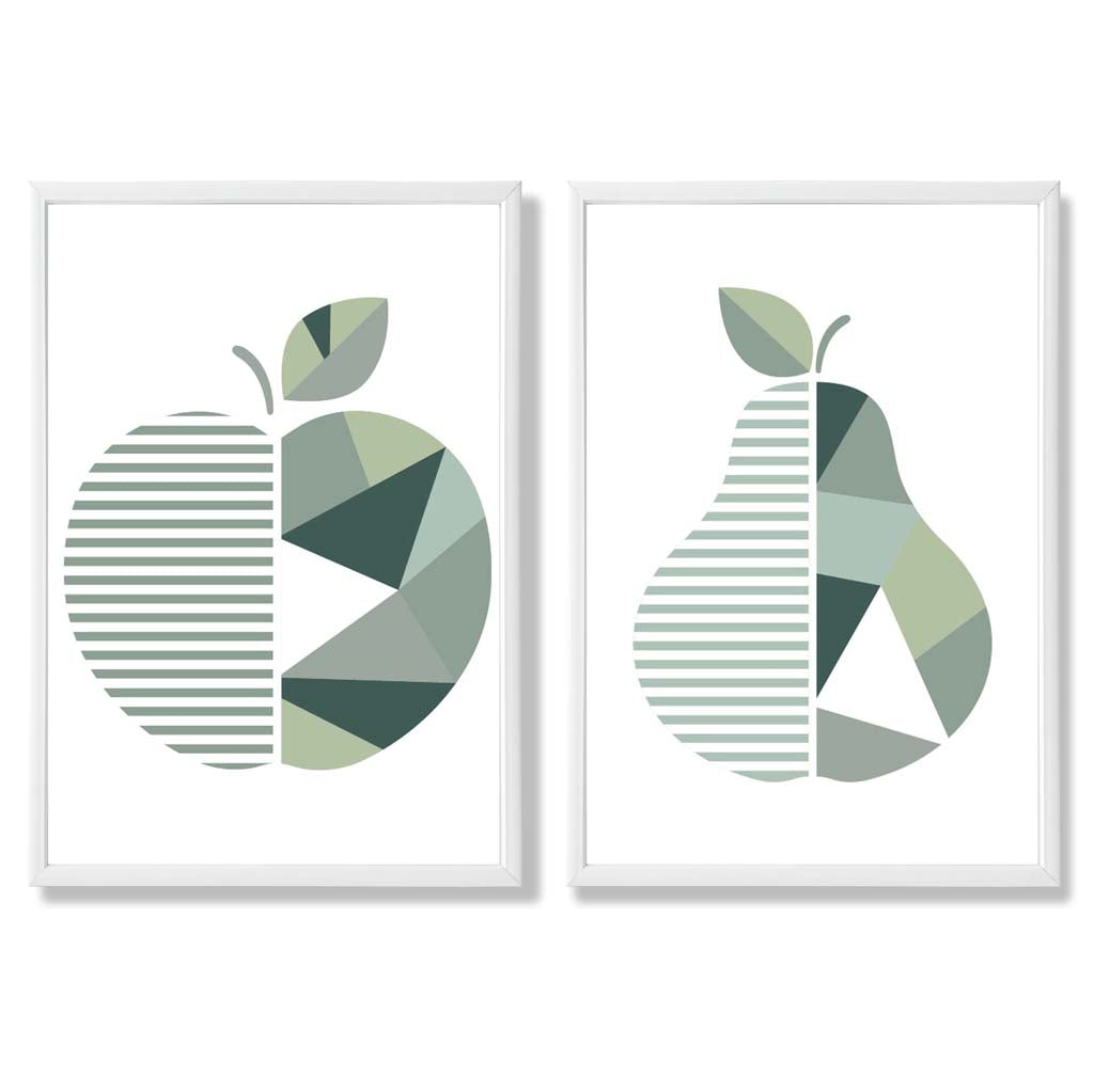 Sage Green Geometric Pineapple Fruit Set of 2 Art Prints with White Frame