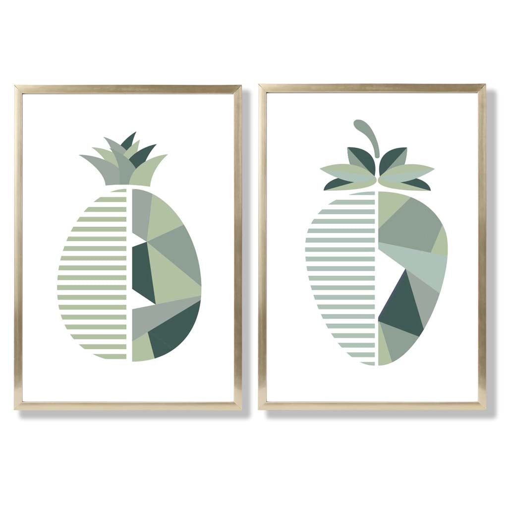 Sage Green Geometric Pineapple Fruit Set of 2 Art Prints with Gold Frame